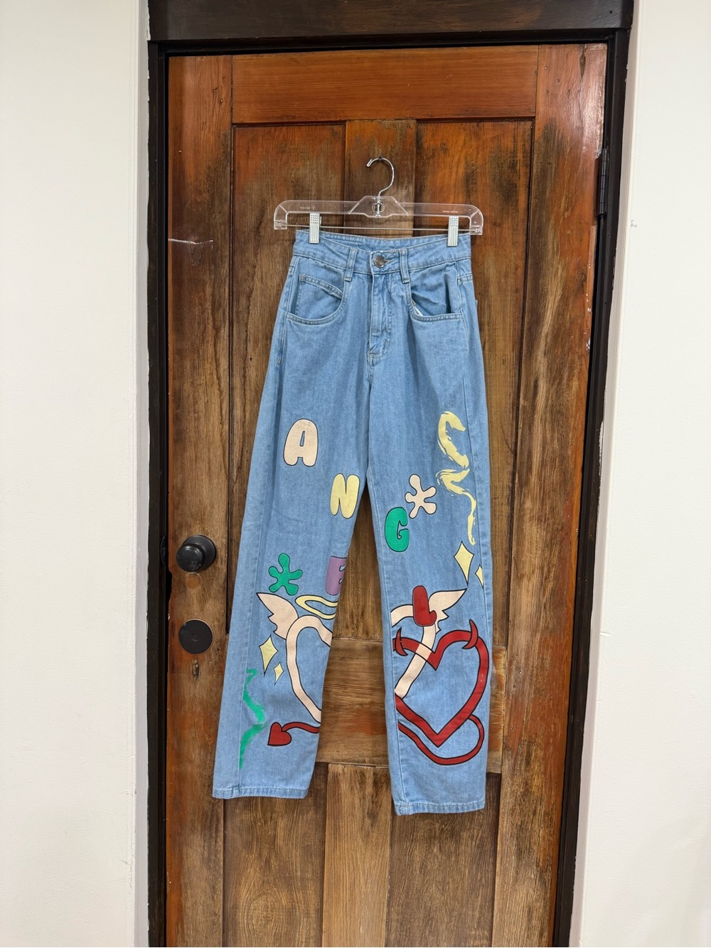 Daisy Light Blue Straight-Leg Jeans with Painted Hearts & Graphics